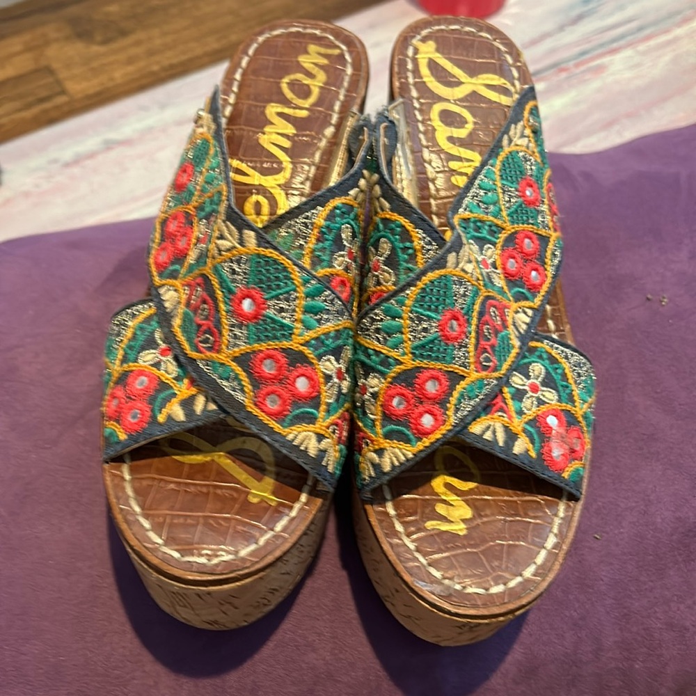 Sam Edelman embroidered slides cork wedge size 7
